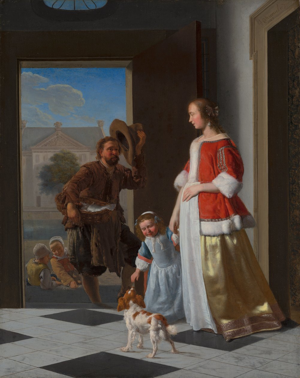 En fiskehandler ved døren, 1663 (olje på lerret på panel) av Jacob Lucasz Ochtervelt