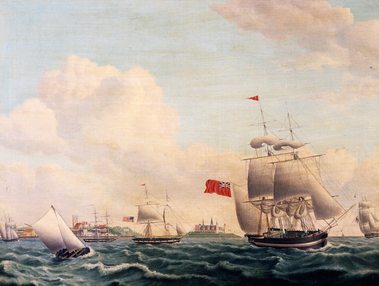 Skip som seiler gjennom Øresund mellom Sverige og Danmark med Kronborg slott i bakgrunnen av Jacob Petersen