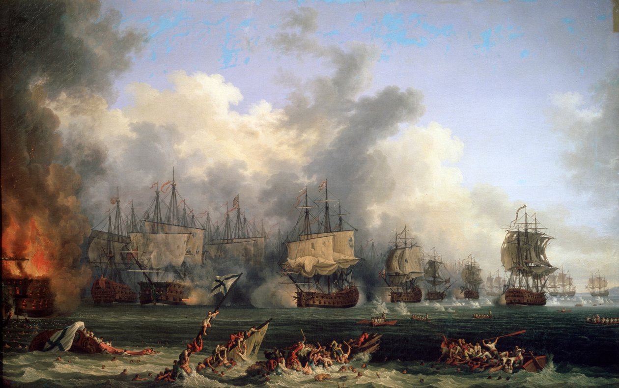 Senkingen av det russiske slagskipet St. Evstafius i sjøslaget ved Chesma, 1771. av Jacob Philipp Hackert