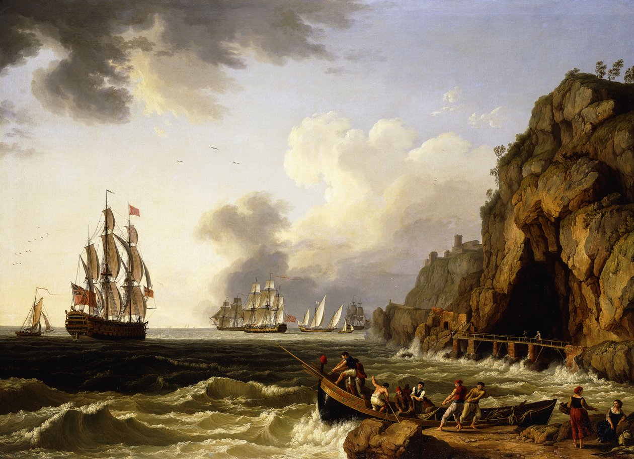 En utsikt over kysten nær Napoli med en tredekker fra den britiske kongelige marinen som fører flagget til en viseadmiral av de røde, 1777 av Jacob Philippe Hackert