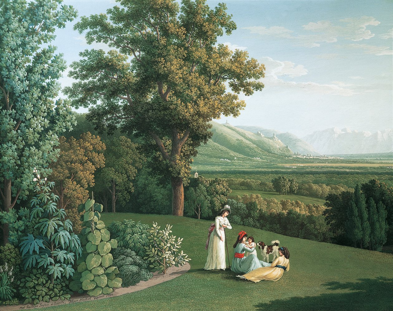 Engelsk hage ved Palace of Caserta (olje på lerret) av Jacob Philippe Hackert