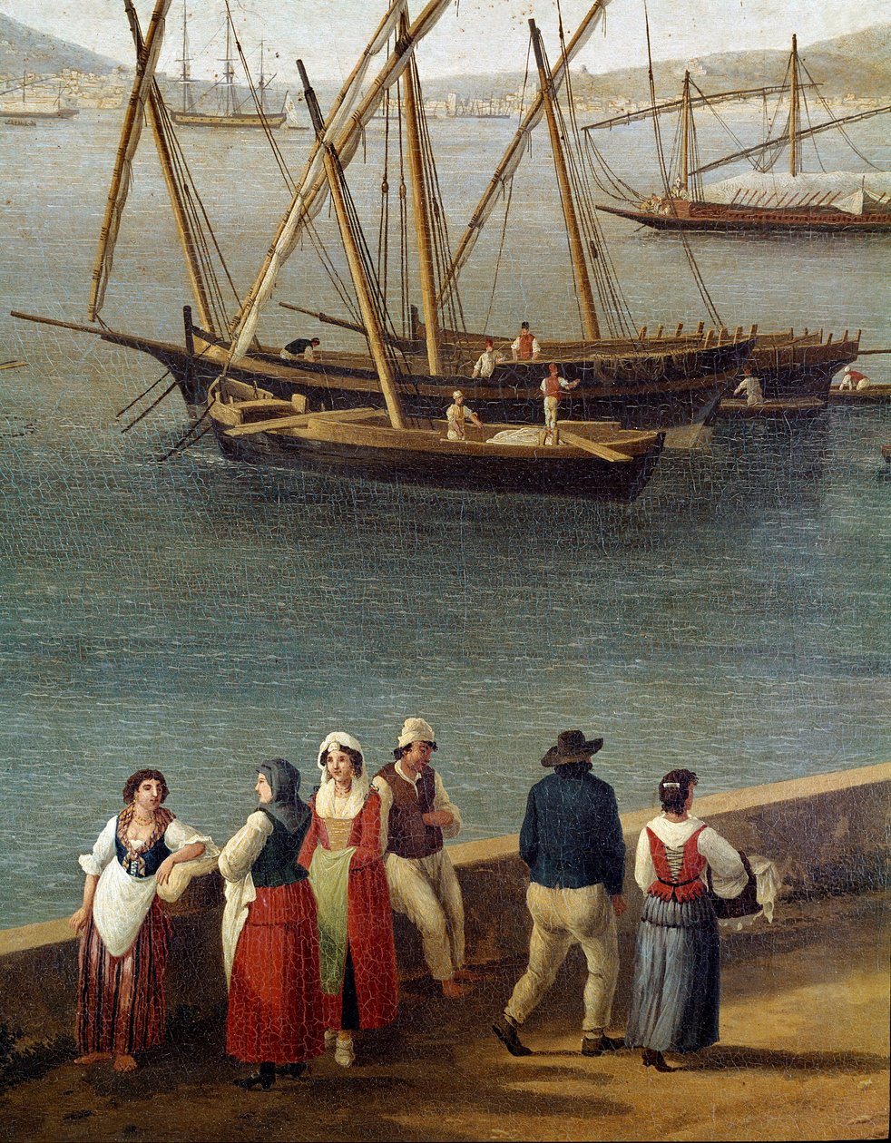 Grupper av mennesker på kaien til havnen i Gaeta (Gaete) (Folk på kaiene til Gaeta havn) Detalj - Maleri av Jacob Philipp Hackert dit Hackert d
