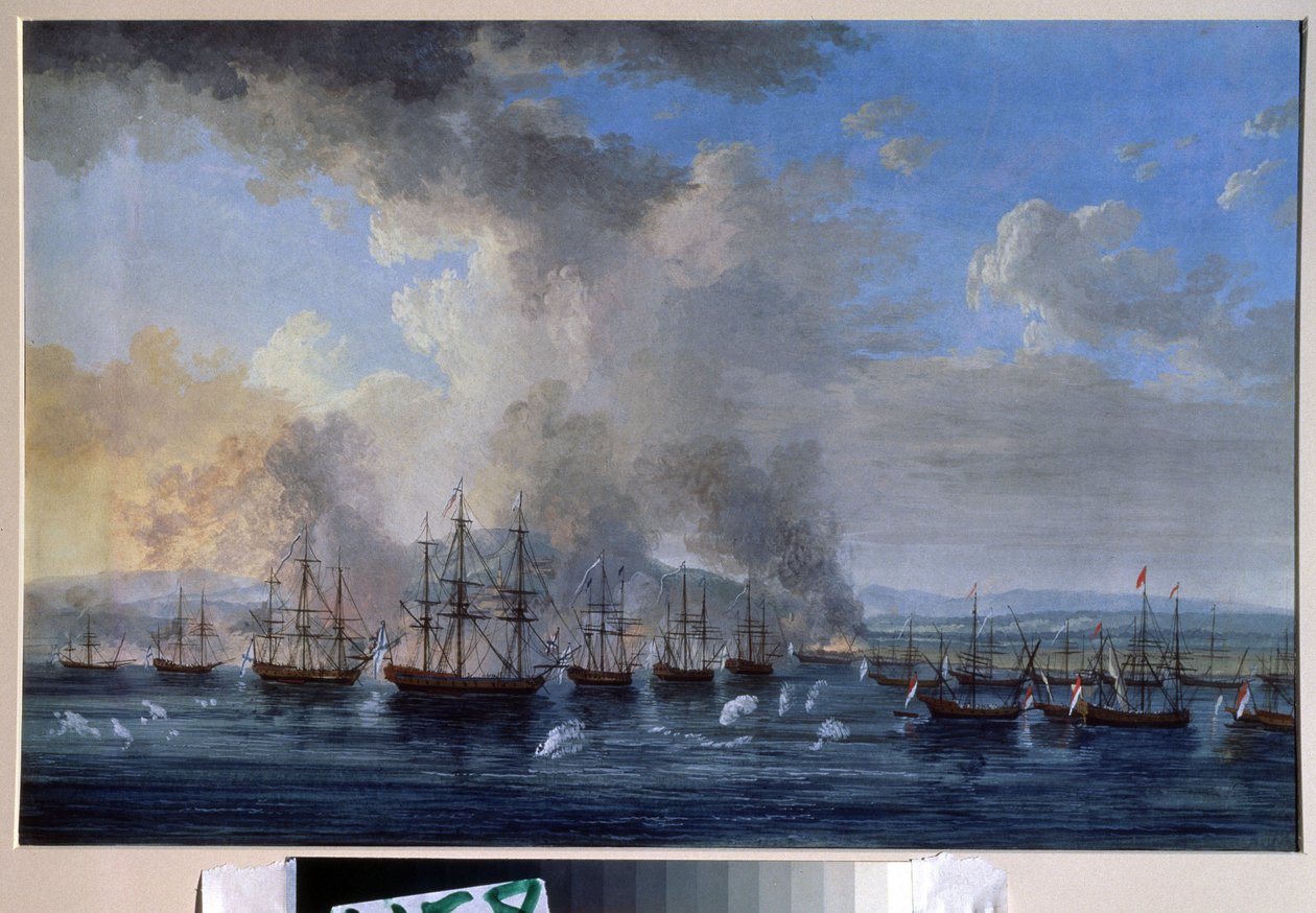 Russisk-osmansk krig: ""Sjøslaget ved Damietta i 1770"" (Sjøslaget ved Damietta i 1770) Det motarbeidet flåtene til Katarina IIs Russland og det osmanske riket (Orloffs revolusjon eller ekspedisjon av Orloff-brødrene). Maling av Jacob Philippe Hackert