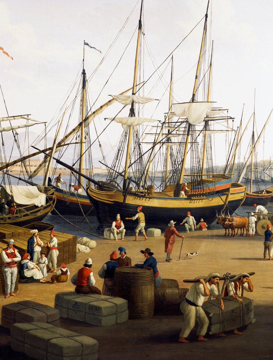 Longshoremen, detalj av utsikt over Messina havn fra Palazzo del Senato av Jacob Philippe Hackert