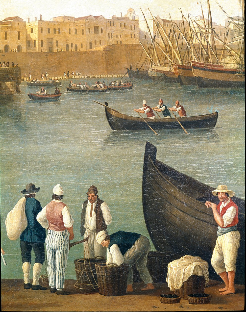 Blåskjellfiskere fra Monopoli, Puglia, Italia (muslingfiskere i Monopoli) Maleri av Jacob Philipp Hackert dit Hackert d