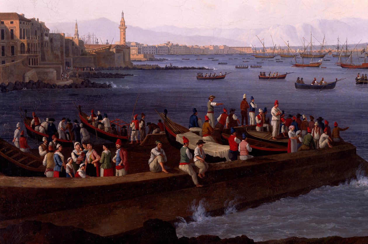 Napolibukta nær Santa Lucia som viser marineflåtene på vei tilbake fra Alger av Jacob Philippe Hackert