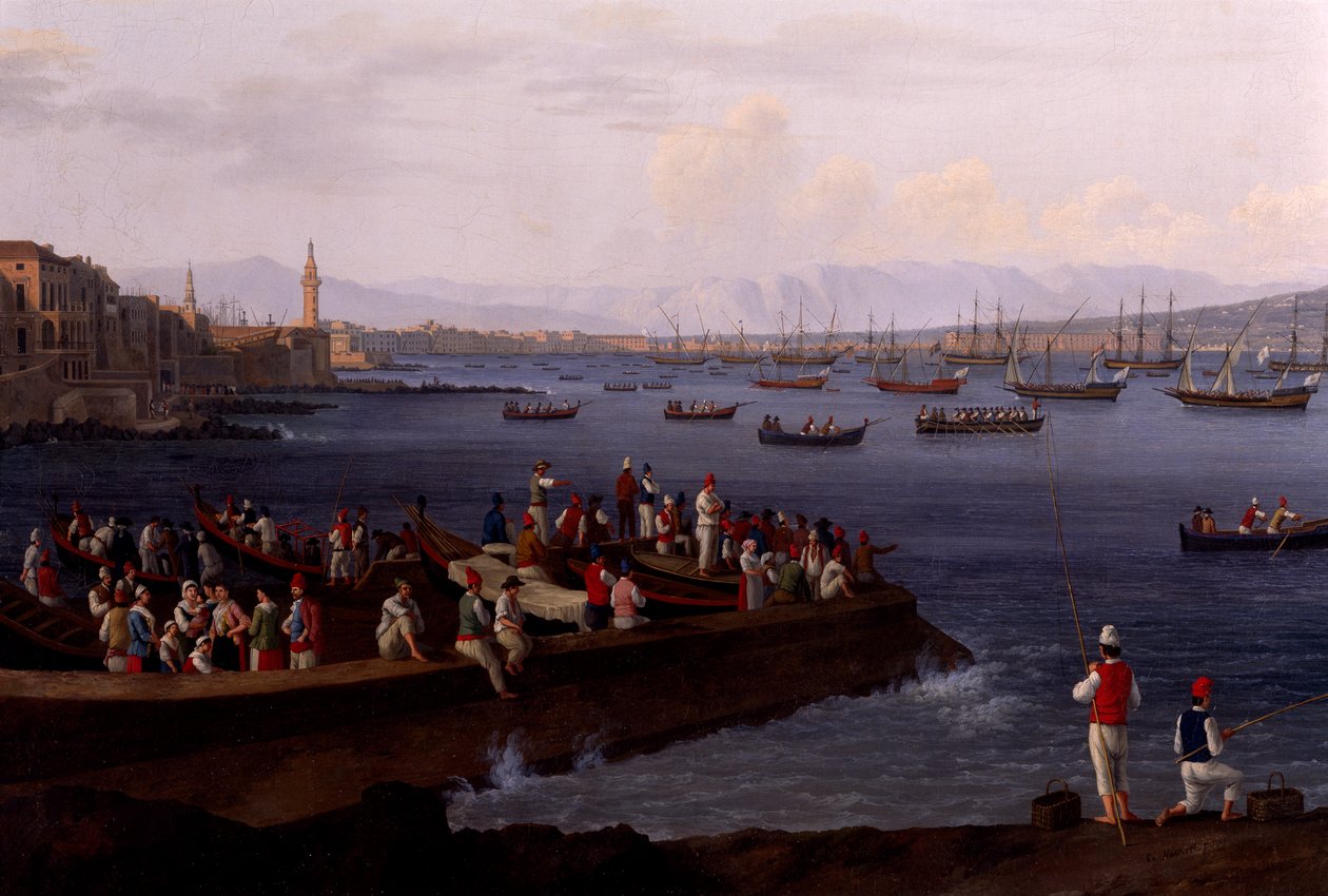 Napolibukten nær Santa Lucia som viser marineflåtene på vei tilbake fra Alger av Jacob Philippe Hackert