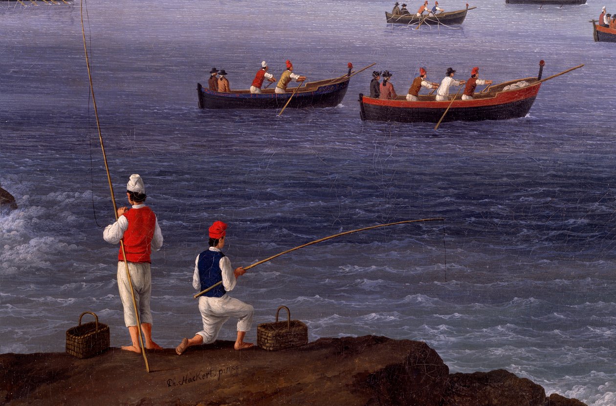 Napolibukta nær Santa Lucia som viser marineflåtene på vei tilbake fra Alger av Jacob Philippe Hackert