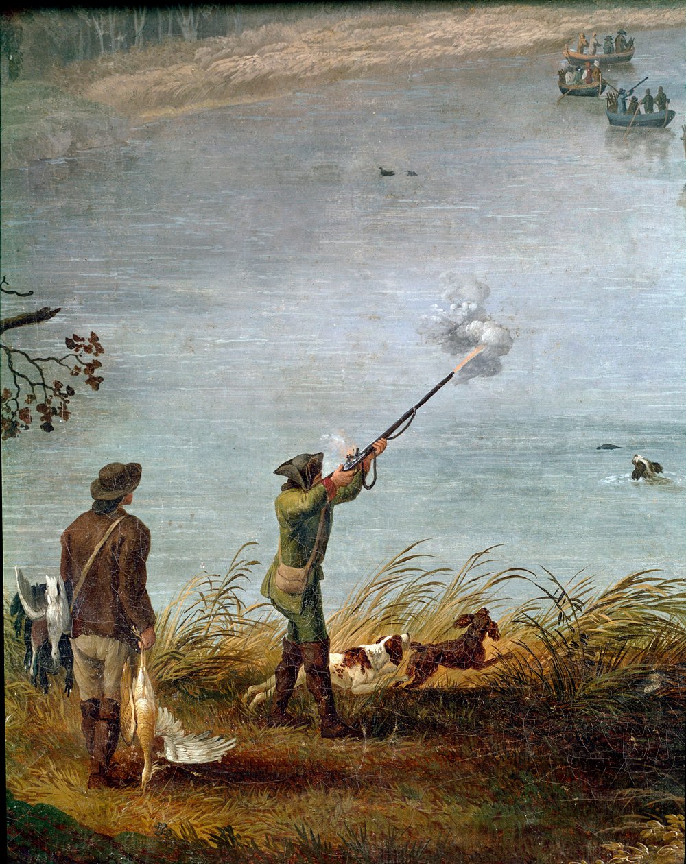 Sotehønejakten til Ferdinand I av de to Siciliene (eller Ferdinand IV av Napoli) (1751-1825) på Fusarosjøen nær Napoli, Italia (Ferdinand IV jakter på lakefugl ved Fusarosjøen) Detalj - Maleri av Jacob Philipp Hackert dit Hackert d
