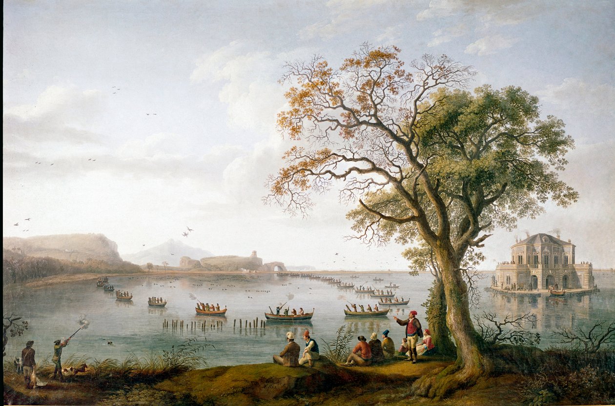 Kotejakten til Ferdinand I av de to Siciliene ved Fusaro-sjøen nær Napoli, Italia av Jacob Philippe Hackert