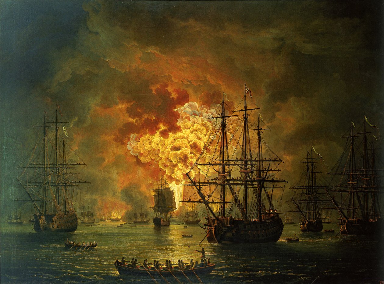 Ødeleggelsen av den tyrkiske flåten ved Chesma-bukten, 1772 av Jacob Philippe Hackert