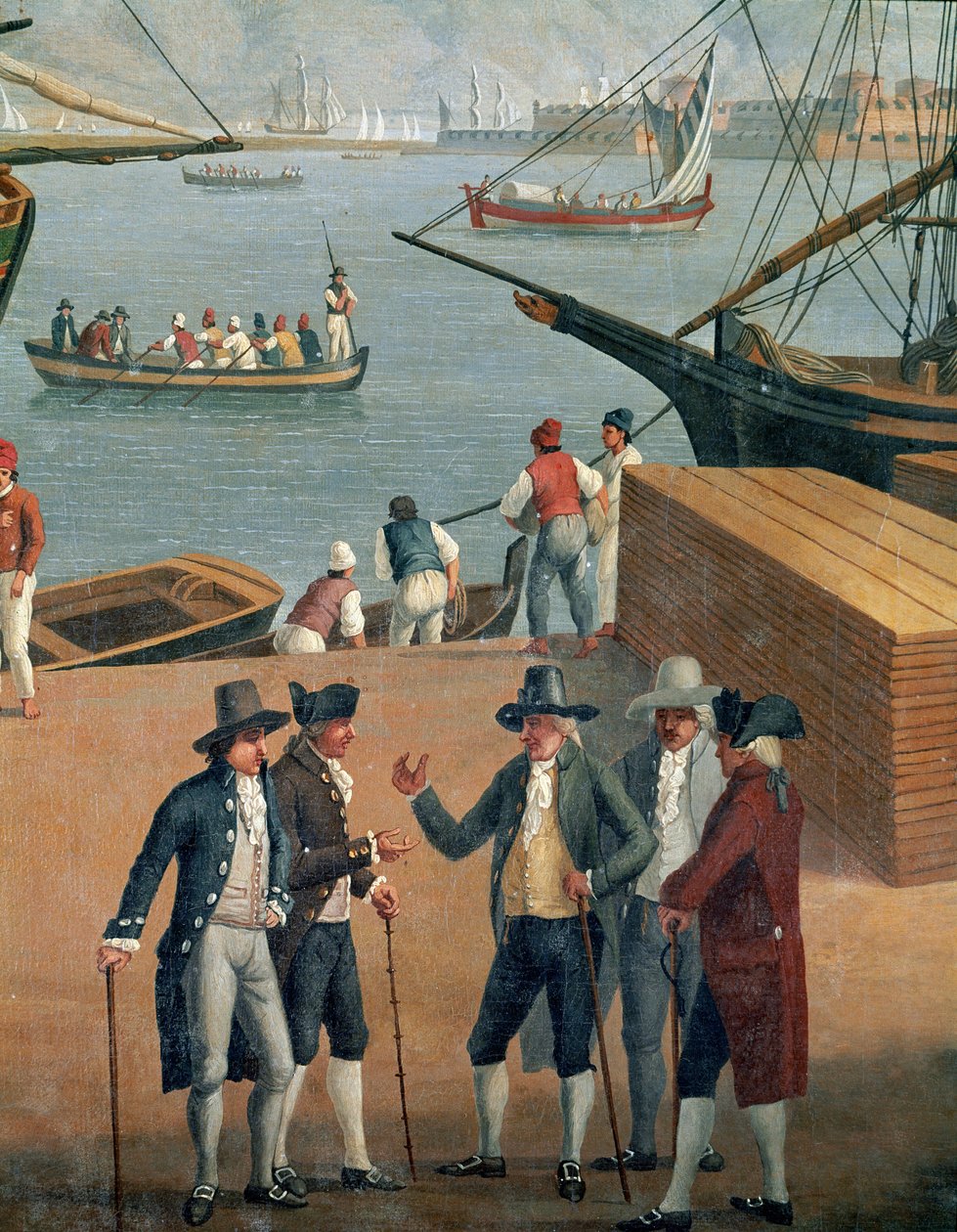 Utsikt over Messina havn, detalj av rike handelsmenn av Jacob Philippe Hackert