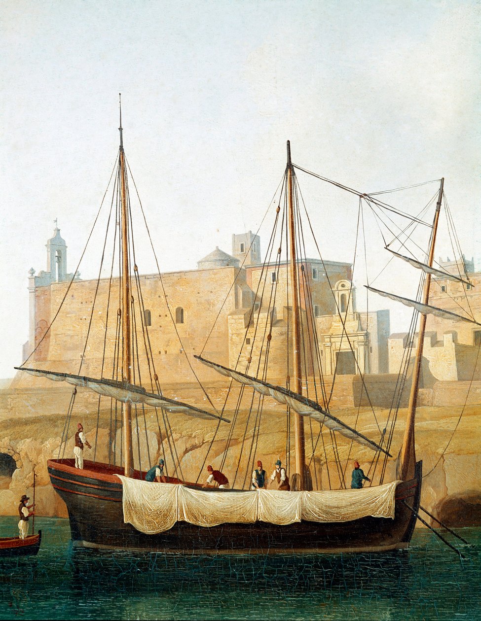 Utsikt over et skip i havnen i Monopoli, Apulia, Italia - (Skip i havnen i Monopoli) Maleri av Jacob Philipp Hackert dit Hackert d