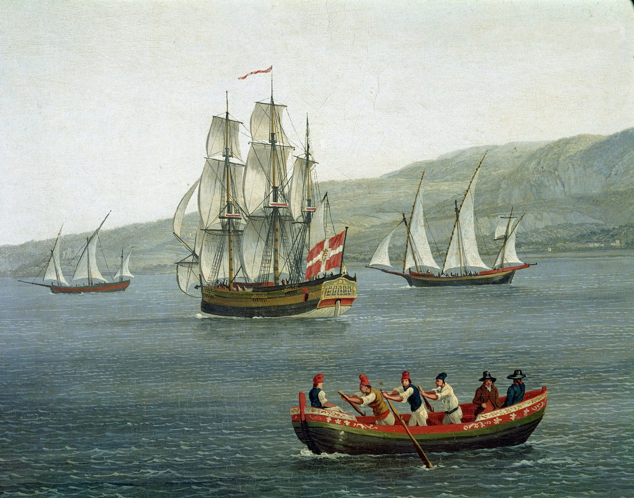 Utsikt over skip i Detroit of Messina, Reggio Calabria, Italia - (Skip i rettlinjen av Messina mellom Reggio Calabria og Sicilia) Detaljmaleri av Jacob Philipp Hackert dit Hackert d