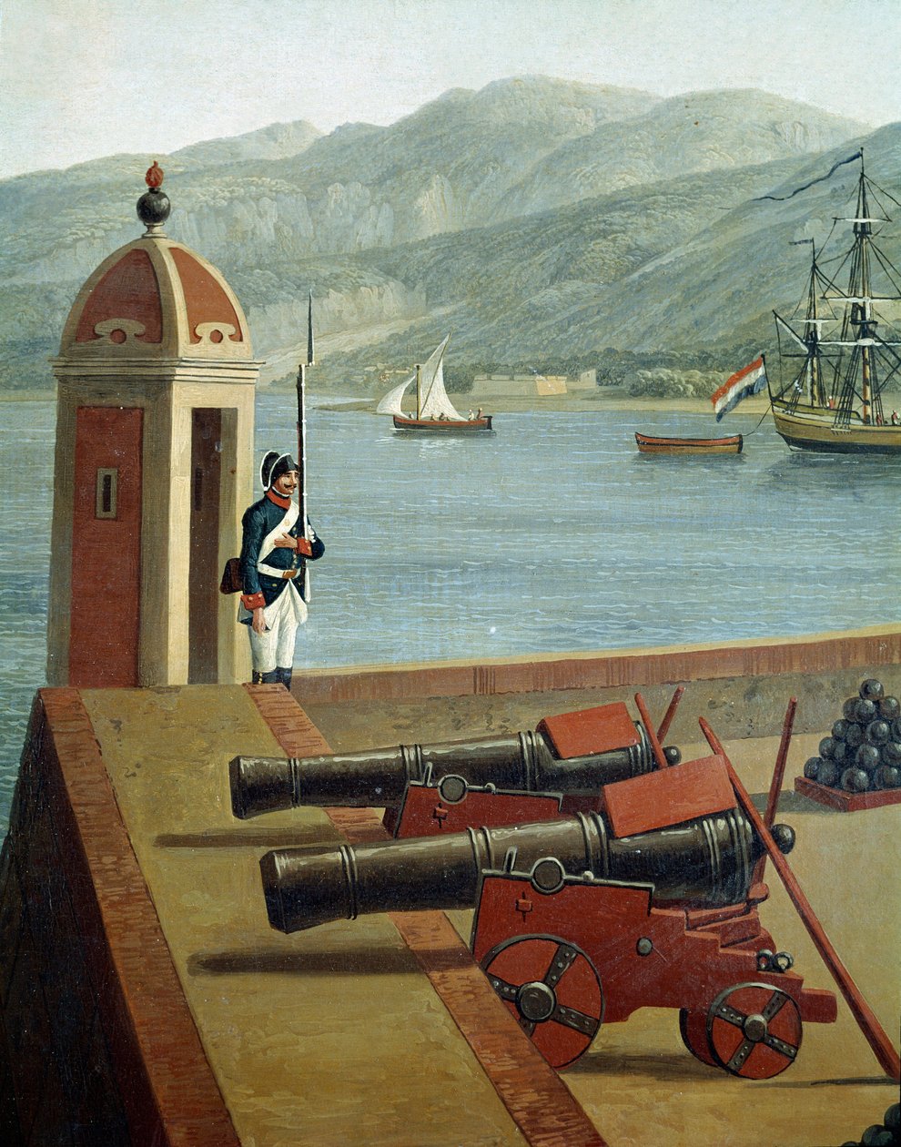 Utsikt over de militære festningsverkene til havnen i Reggio Calabria (Utsikt over Reggio Calabrias militære festningsverk) Detalj av en vakt og kanoner (kanoner og vakt) - Maleri av Jacob Philipp Hackert dit Hackert d'Italie (1737-1807) 1700-tallet -  av Jacob Philippe Hackert