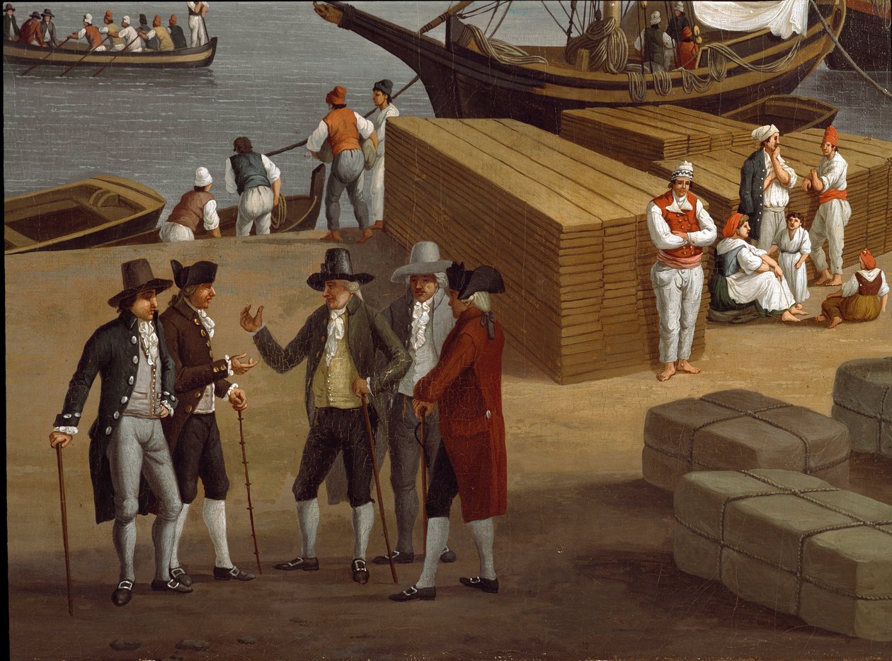 Utsikt over havnen i Messina (Messina) i detalj på Sicilia som viser en gruppe velstående kjøpmenn negociant - Maleri av Jacob Philipp Hackert dit Hackert d