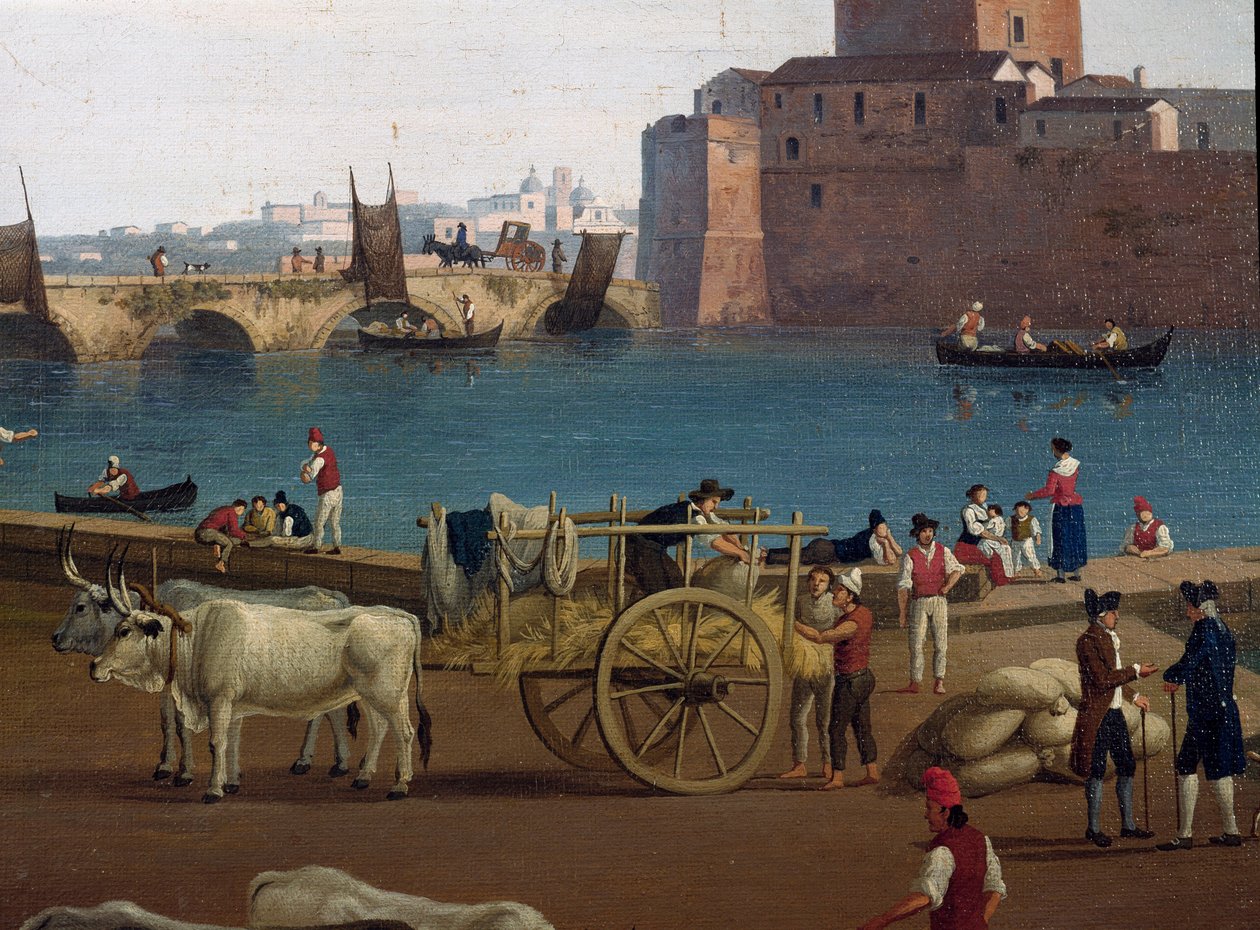 Utsikt over havnen i Taranto (Taranto) i Italia på 1700-tallet Havnearbeidere i havnen som losser godset, vogn trukket av okser - Maleri av Jacob Philipp Hackert dit Hackert d'Italie (1737-1807) av Jacob Philippe Hackert