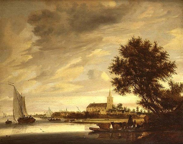 Et elvelandskap med en ferge i forgrunnen av Jacob Salomonsz. (circle of) Ruysdael