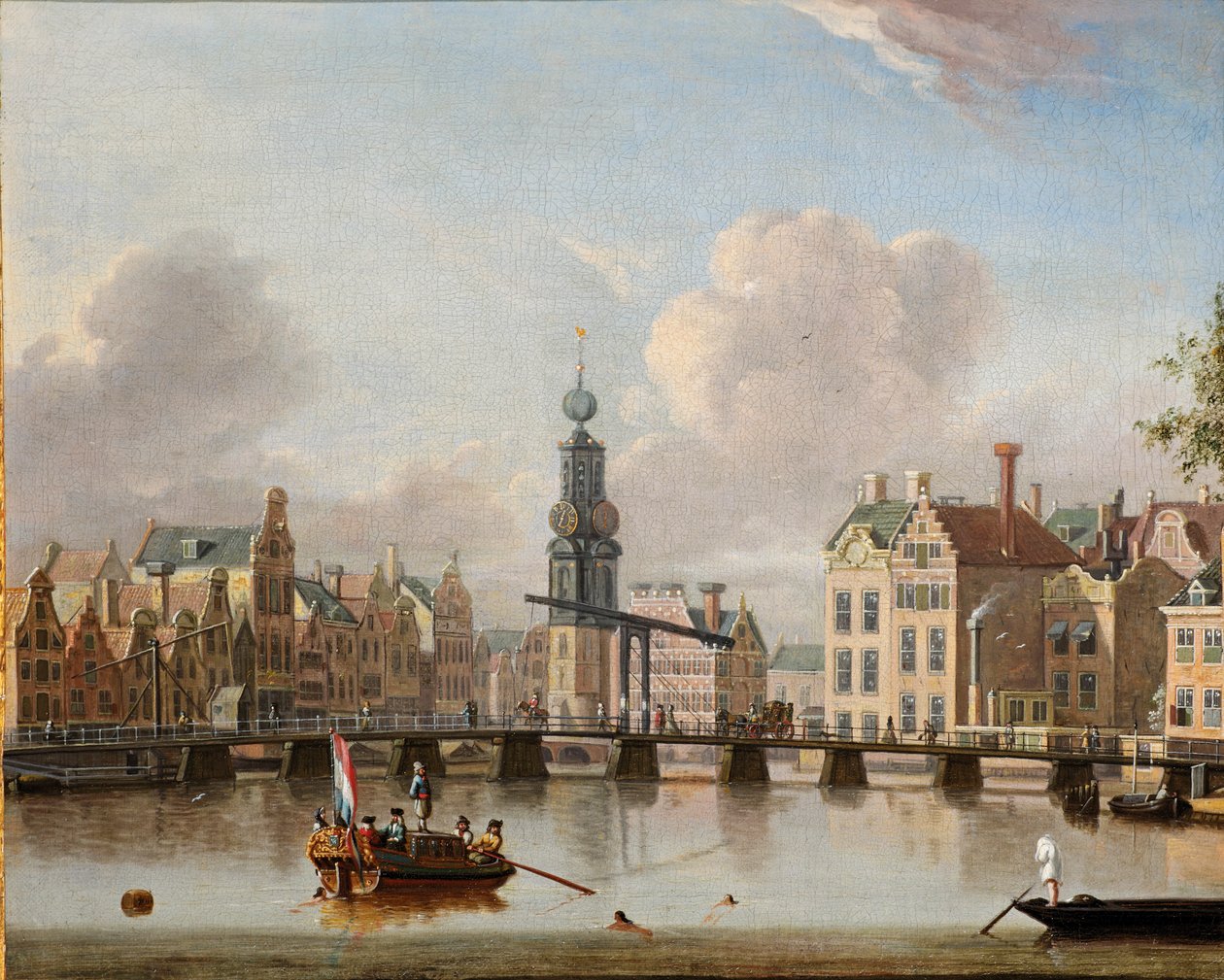 Utsikt over Munt, Amsterdam med figurer i båter og svømming i kanalen (olje på lerret) av Jacob Storck