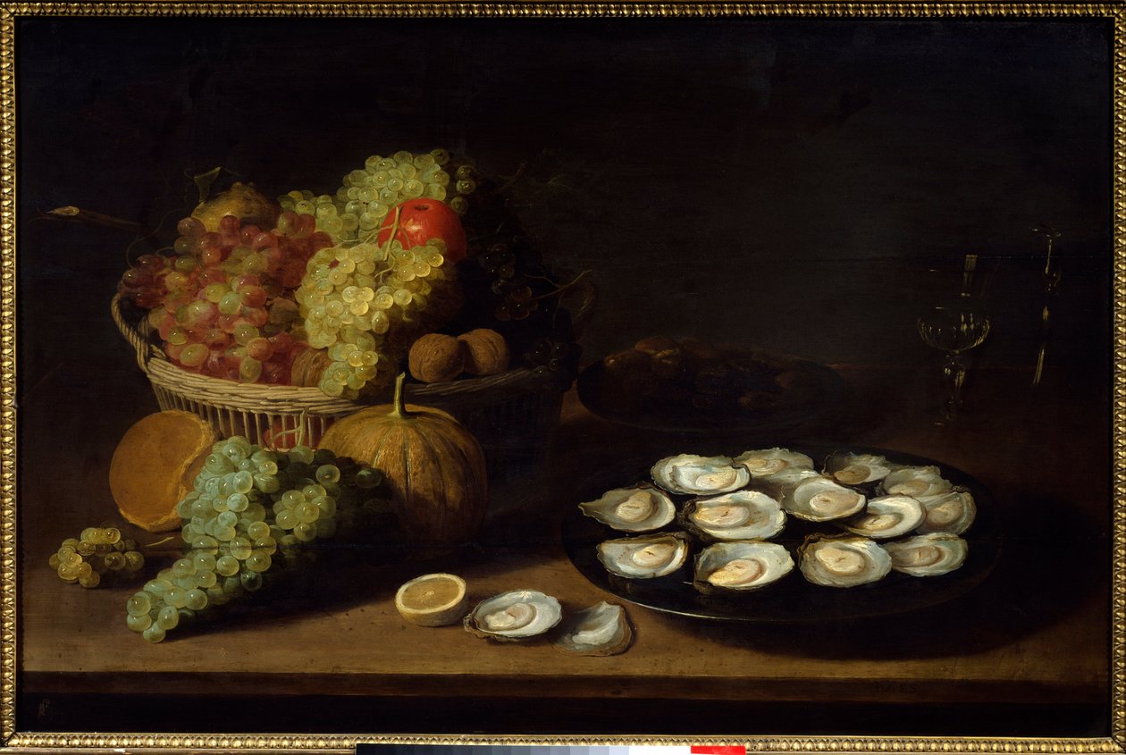 Stilleben, østers og frukt. Maleri av Jacob Fopsen Van Es (ca. 1596-1666) Ec. Flam. av Jacob Van Es