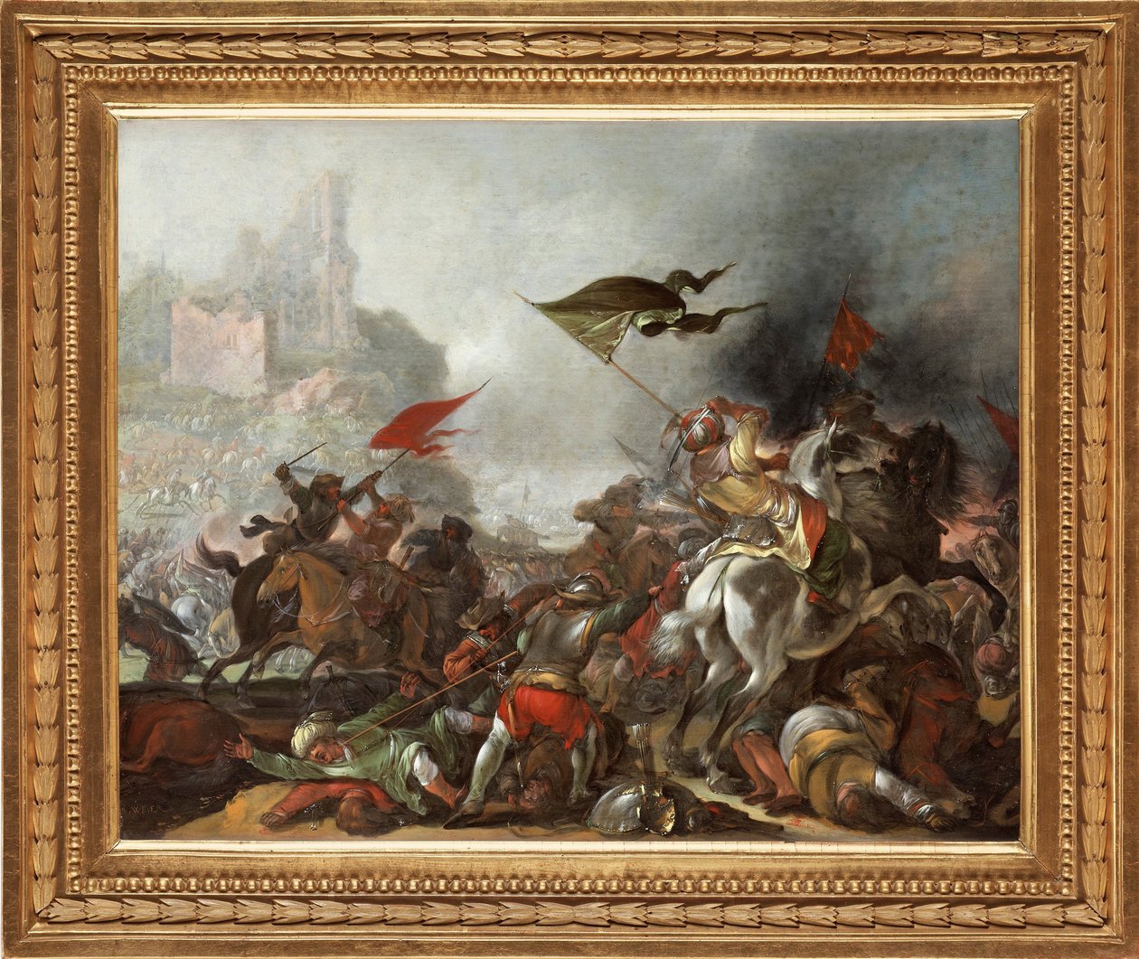 Kamp mellom tyrkere og kristne under erobringen av Konstantinopel av den osmanske hæren i 1453 - Maleri av Jacob Matthias Weyer (1620-1670), olje på tre (39x49 cm) - Den tyrkiske krigen, Olje på tre av Jacob Matthias Weyer - Privat samling av Jacob Weyer