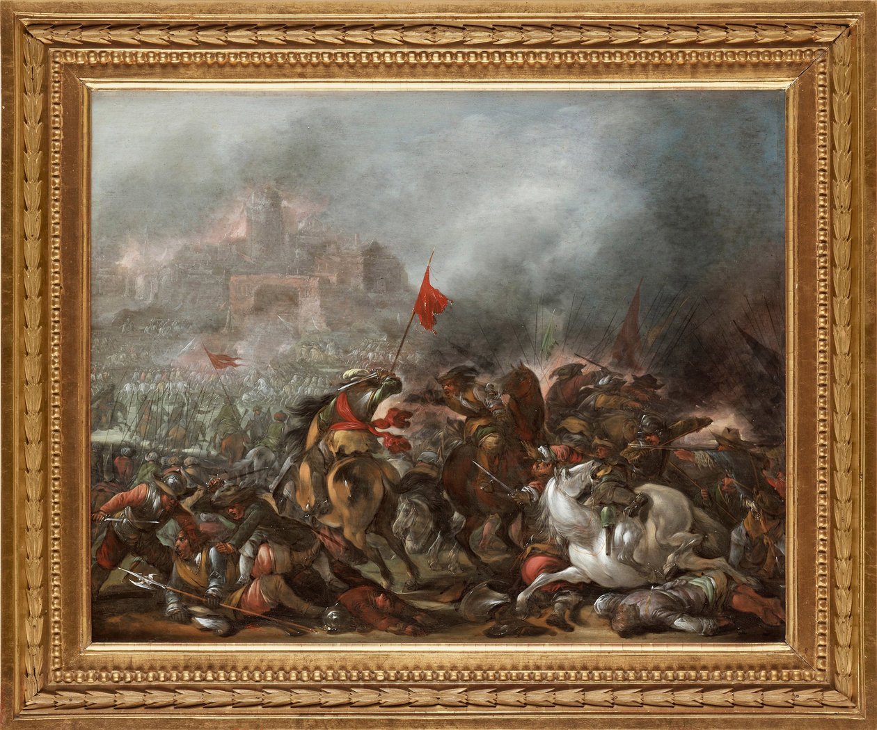 Kamp mellom tyrkere og kristne under erobringen av Konstantinopel av den osmanske hæren i 1453 - Maleri av Jacob Matthias Weyer (1620-1670), olje på tre (39x49 cm) - Den tyrkiske krigen, Olje på tre av Jacob Matthias Weyer - Privat samling av Jacob Weyer