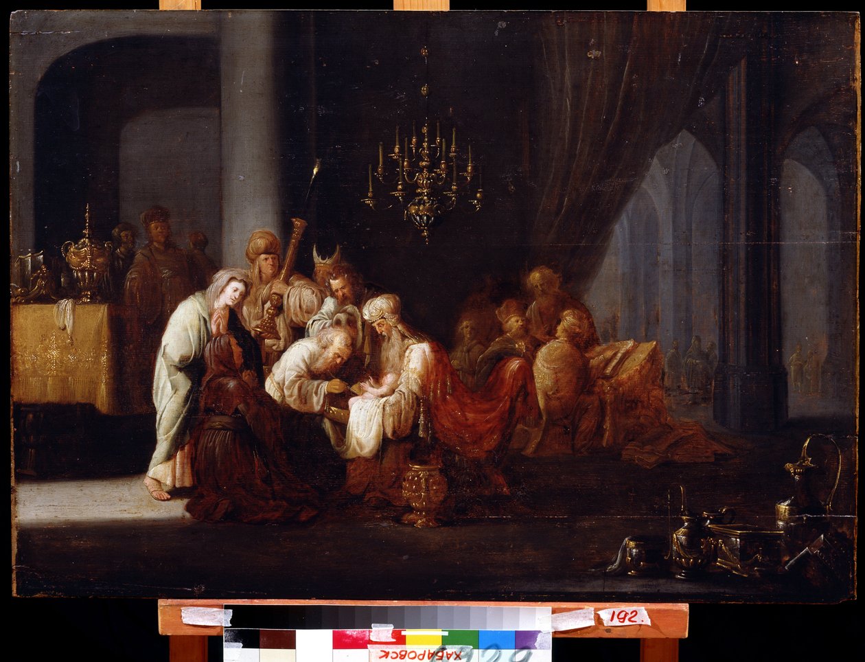 Omskjæring (The Circumcision). Maleri av Jacob Willemsz de Wet, den eldste (cirka 1630-etter 1675). Olje på tre, 91 x 64 cm. Nederlandsk kunst, barokkstil. Far Eastern Museum, Khabarovsk. av Jacob Willemsz de (c.1630 after 1675) Wet