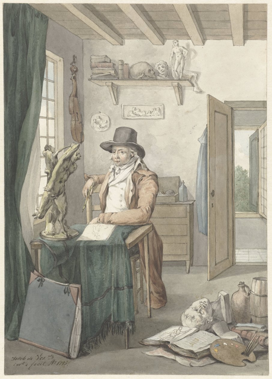 Portrett av kunstneren Jacob Smies i atelier med kunstgjenstander av Jacob Willemz. de Vos