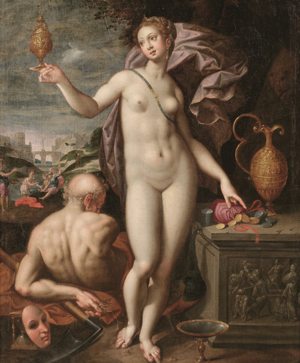 Juno holder et gyllent kar og en pengesekk (olje på lerret) av Jacob de (studio of) Backer