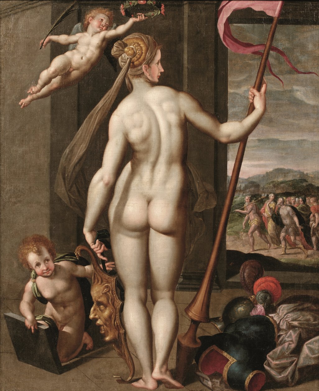 Minerva holder en lanse mens den blir kronet med laurbær av en putto (olje på lerret) av Jacob de (studio of) Backer