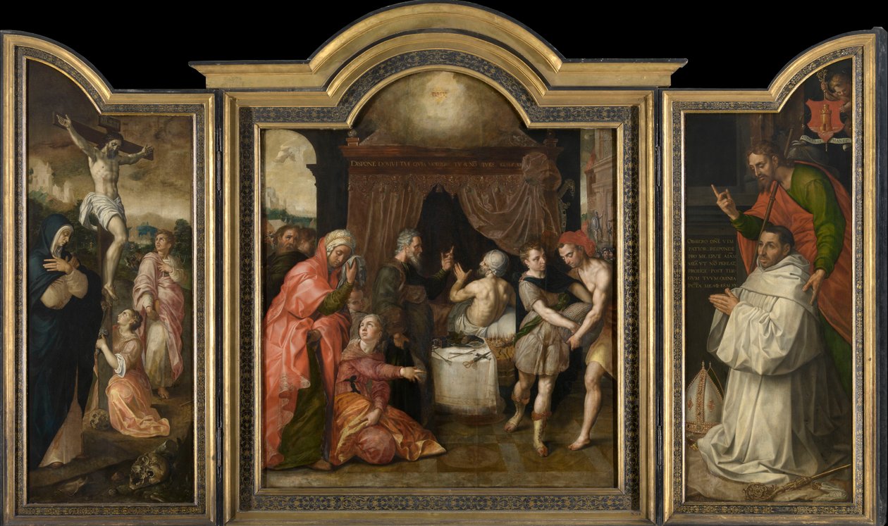 Korsfestelsen (venstre ving), The Prophecy of the Recovery of Hezekiah (midtpanel), Abbed Jacobus Delrio med skytshelgen (høyre ving) (olje på panel) av Jacob de Backer