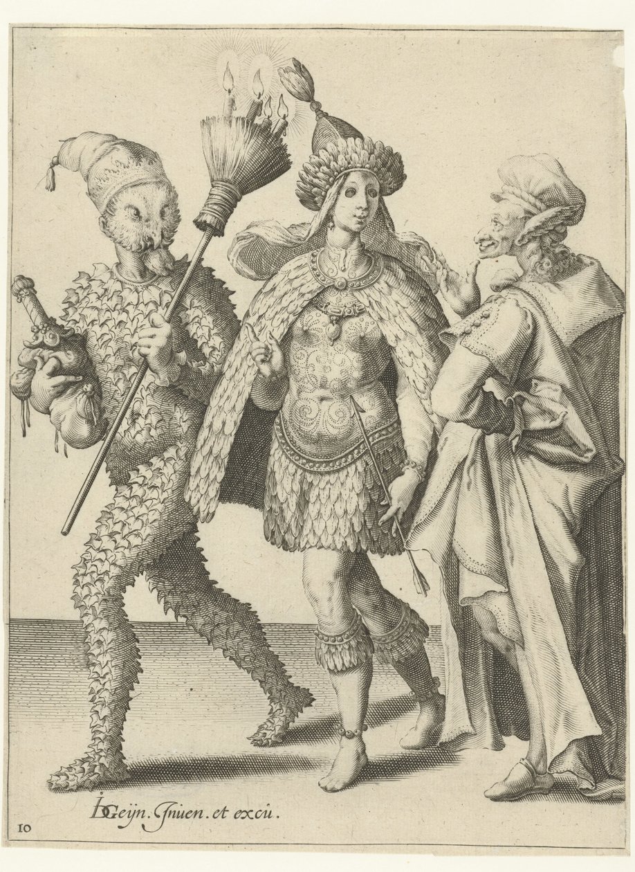 Tre maskerte figurer, en av dem med en kost der det er satt inn lys. Maskeradene (serietittel) av Jacob de Gheyn (II) (workshop of)