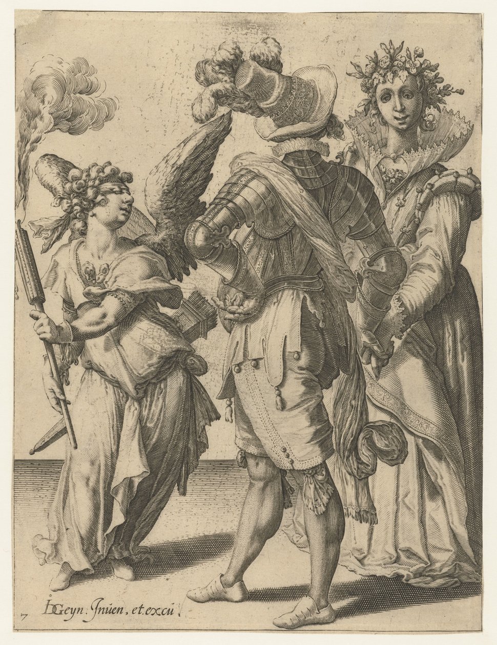 En Amor med bind for øynene med en lommelykt foran et par i festlig antrekk The Masquerades (serietittel) av Jacob de Gheyn (II) (workshop of)