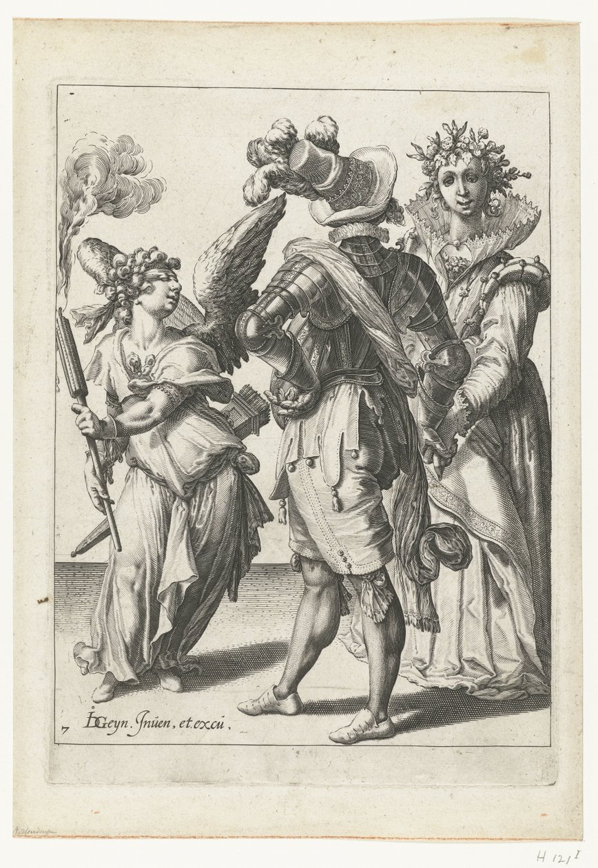 En Amor med bind for øynene med en lommelykt foran et par i festlig antrekk The Masquerades (serietittel) av Jacob de Gheyn (II) (workshop of)