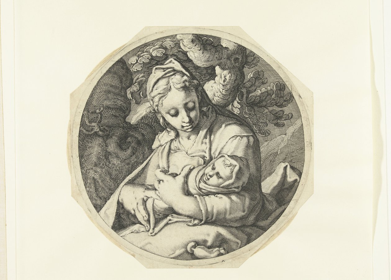 Maria med Kristusbarn Maria med Kristusbarnet og Josef med snekkerverktøy (serietittel) av Jacob de Gheyn (II) (workshop of)