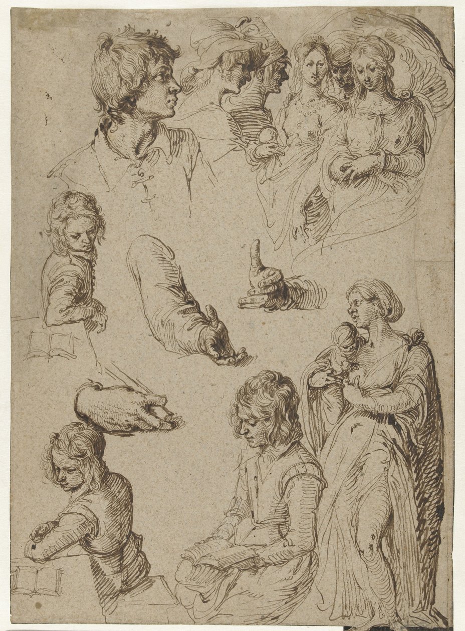 Studie av hender og figurer Studieark med en ung mann, en kvinne med barn og en Paris-dom eller heksesabbat av Jacob de Gheyn (II)