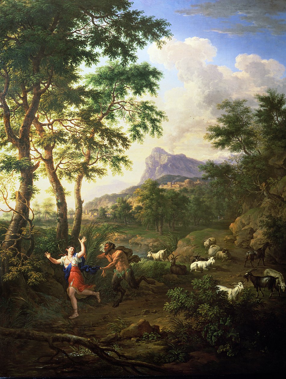 Et arkadisk landskap med Pan og Syrinx av Jacob de Heusch