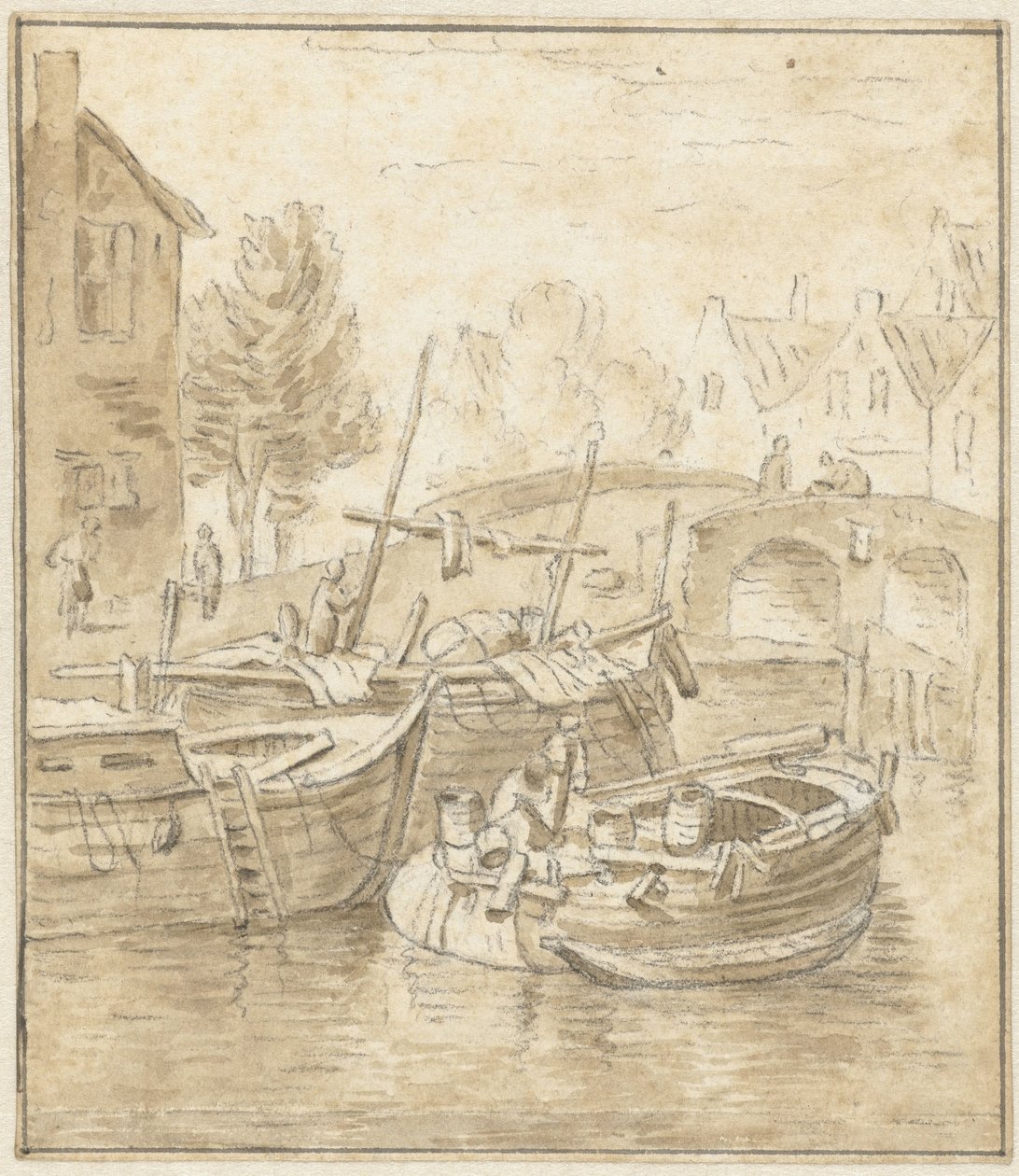 Skip ved en bro i en by av Jacob de Vos
