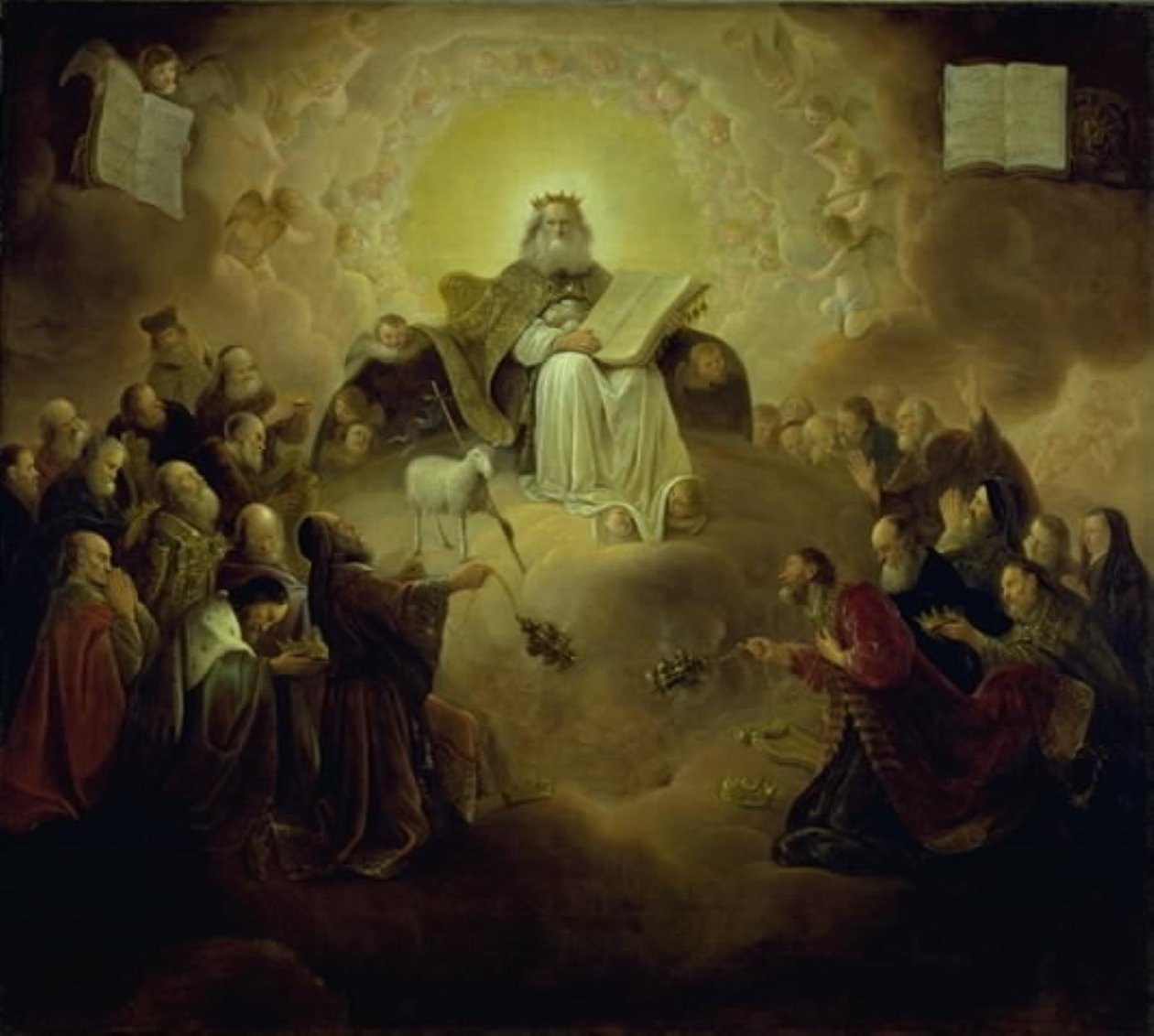 De tjuefire eldste kneler foran Lammet av Jacob de Wet d.Æ.