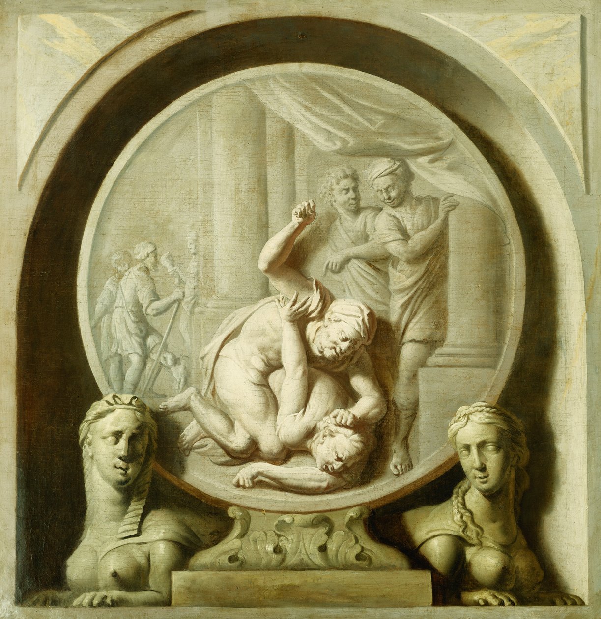 En dekorativ runddel med Odysseus som kjemper mot tiggeren, og med Sphynxs av Jacob de Wit