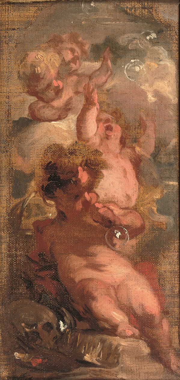 An Allegory of Vanitas: Fire putti som blåser bobler, en hodeskalle, en kunstners palett og en krone i nærheten (olje på lerret lagt ned på panel) av Jacob de Wit