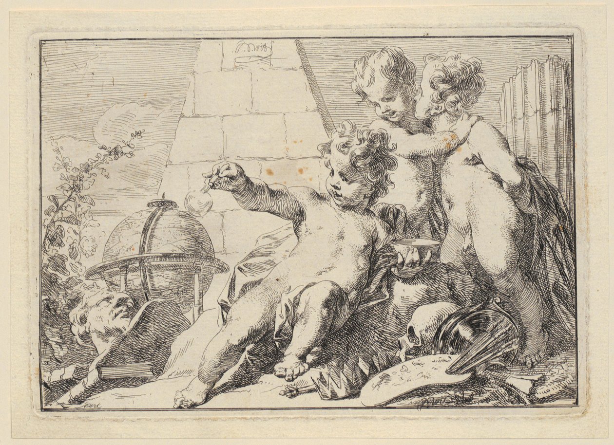 Tre genier ved en pyramide av Jacob de Wit