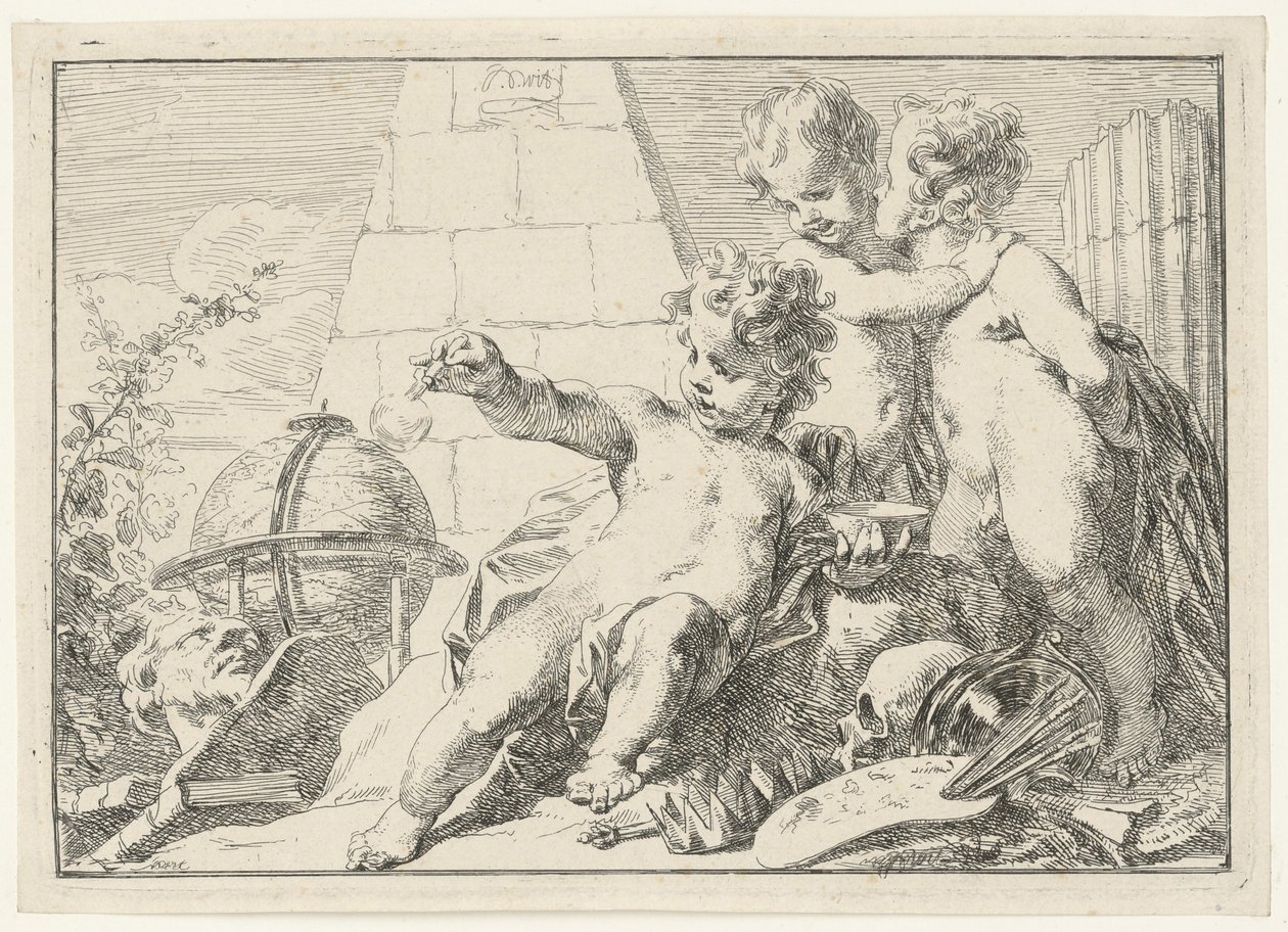 Tre genier ved en pyramide av Jacob de Wit