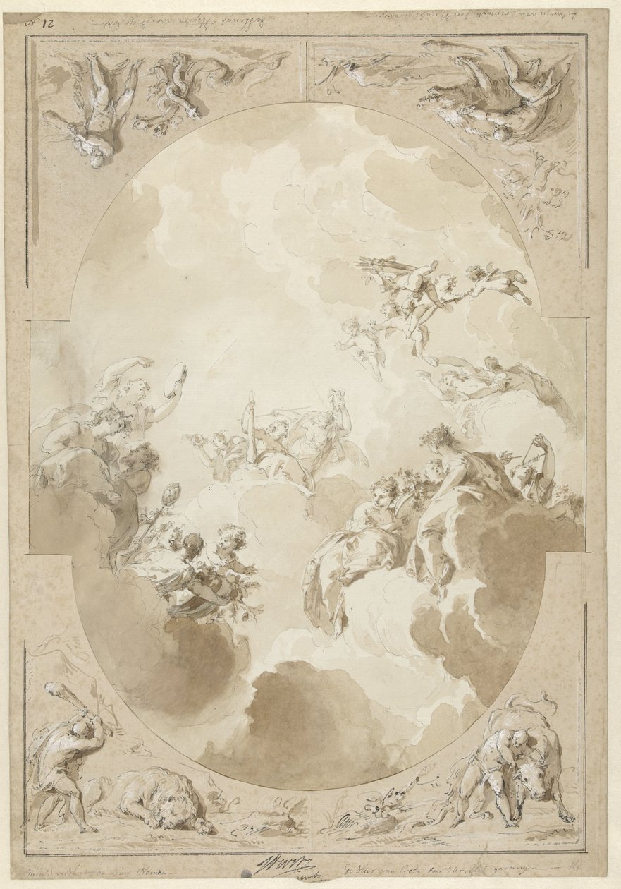 Design for et takmaleri som viser Herkules apoteose og fire av verkene hans av Jacob de Wit