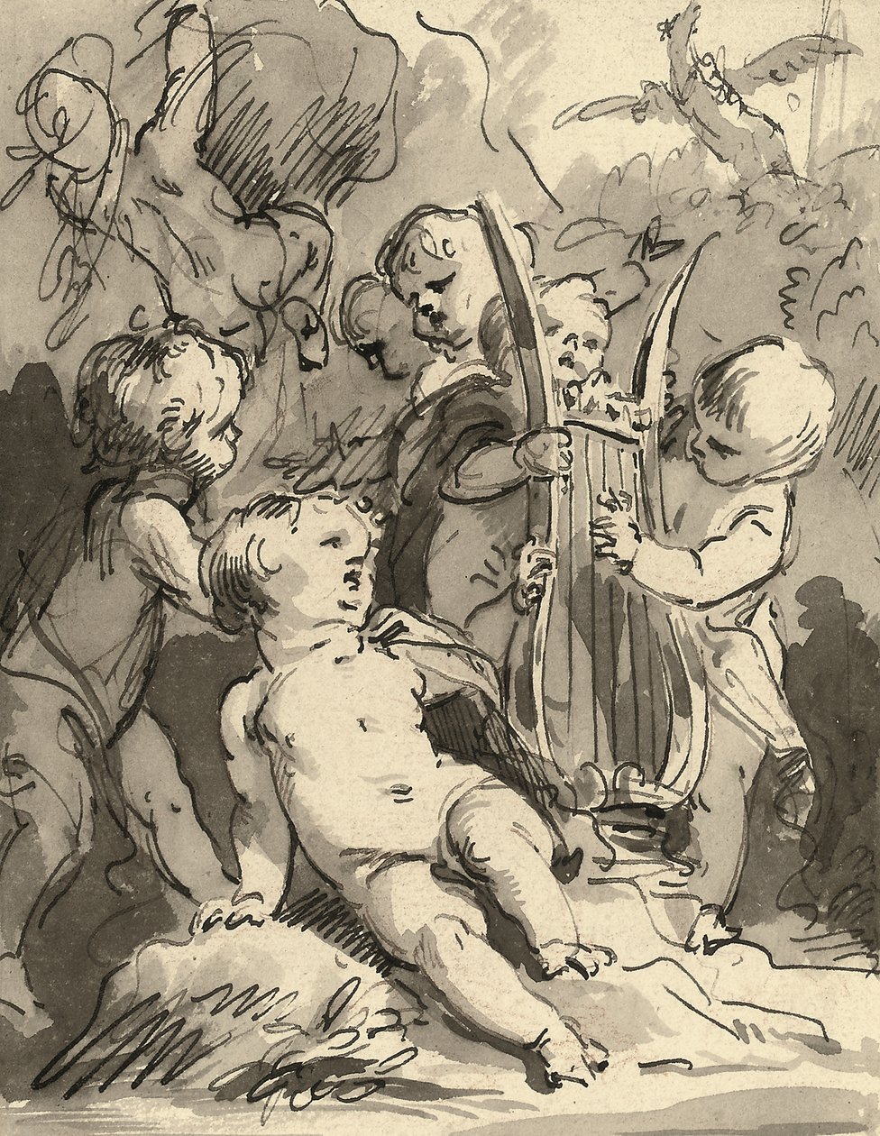 Putti spiller en lyre (rødt kritt, penn og svart blekk og grå vask) av Jacob de Wit