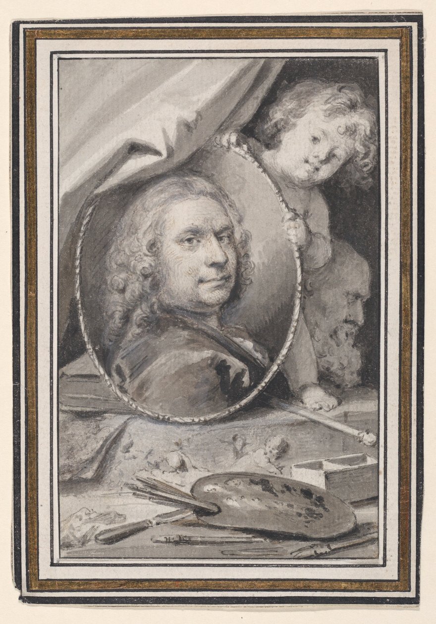 Selvportrett i en dekorativ allegorisk innramming av Jacob de Wit