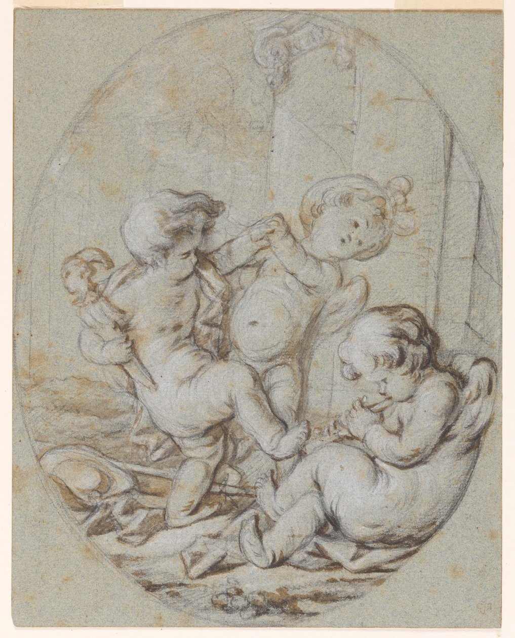 Three Putti: Design for et Grisaille-maleri av Jacob de Wit