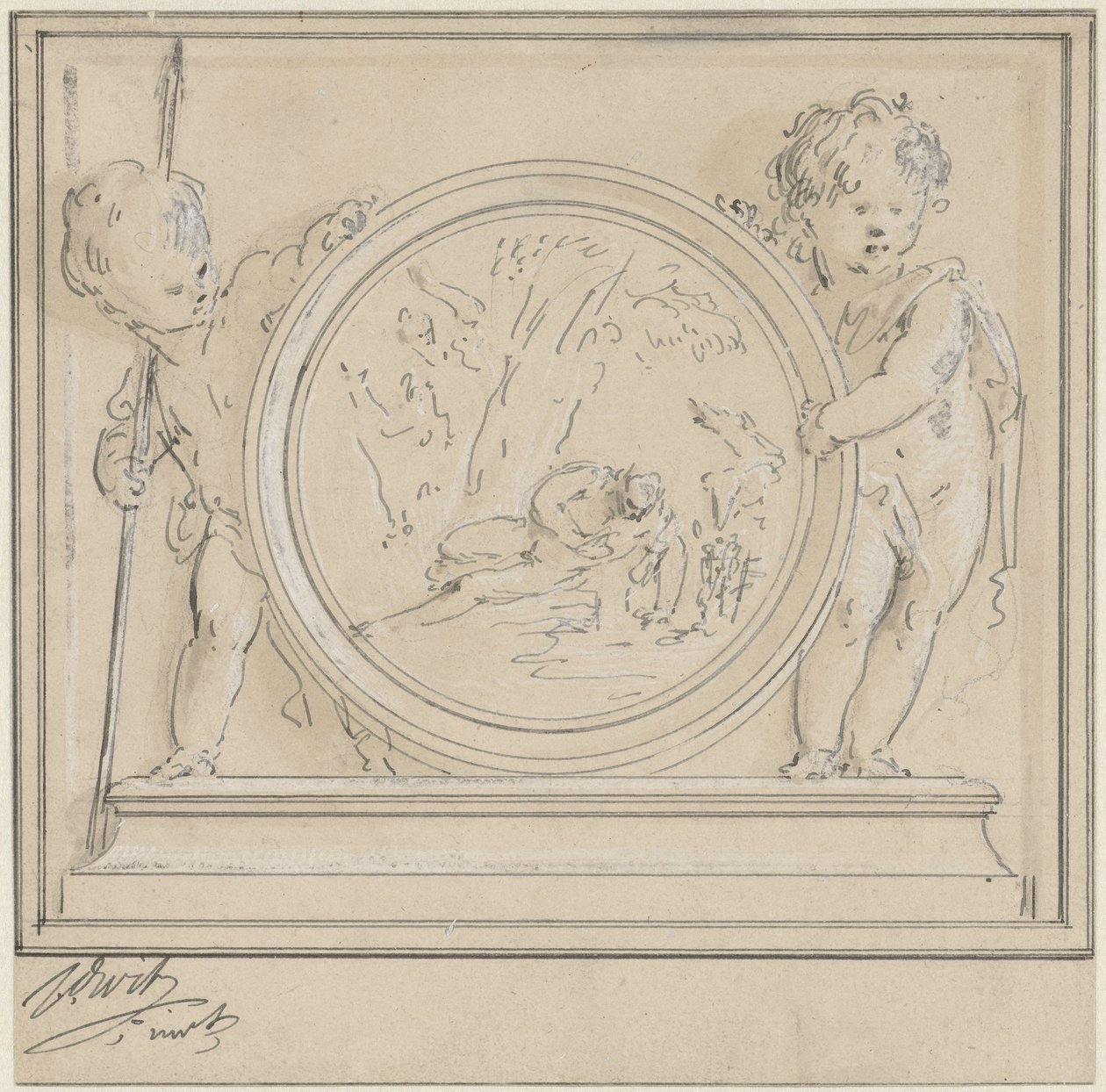 To putti med medaljong, der Narcissus og Echo av Jacob de Wit