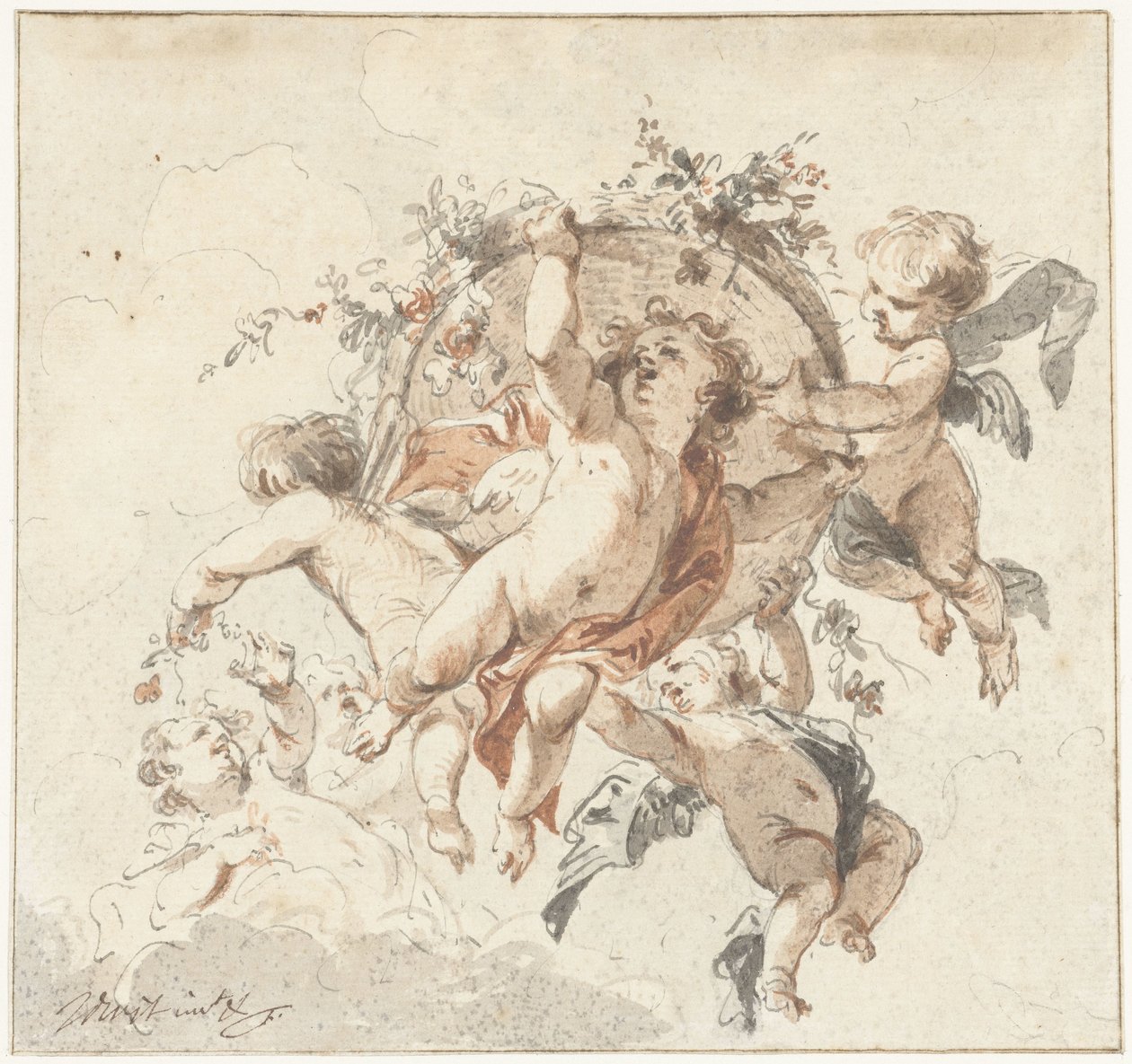 Flytende kjeruber med blomsterkurv av Jacob de Wit