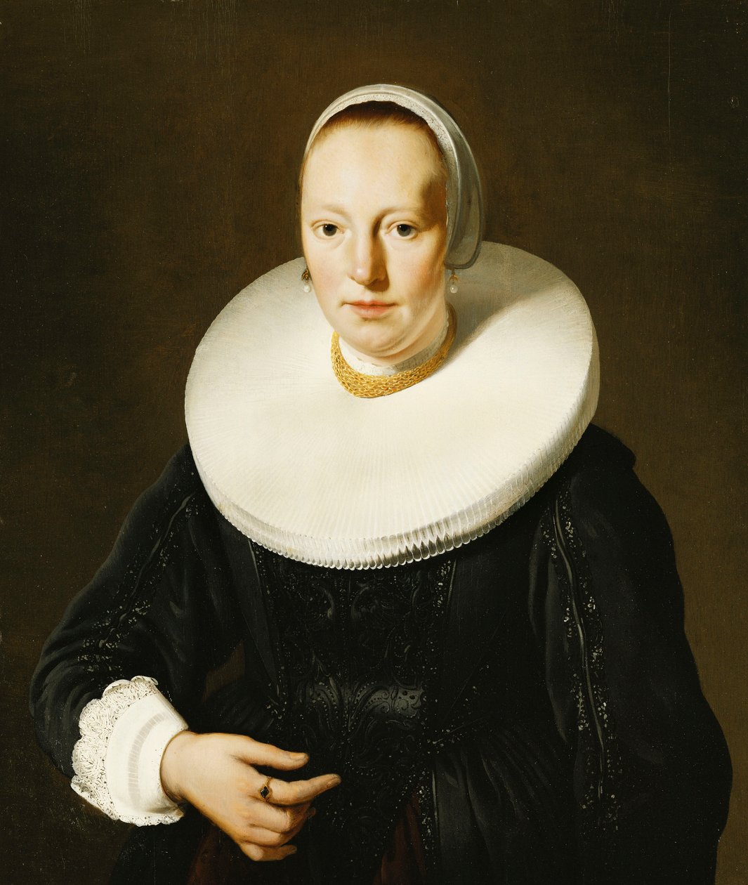 Portrett av en dame, halv lengde, i en svart applikasjon magemaskin og kjole og en kvernsteinsruff, av Jacob or Jacques van Loo